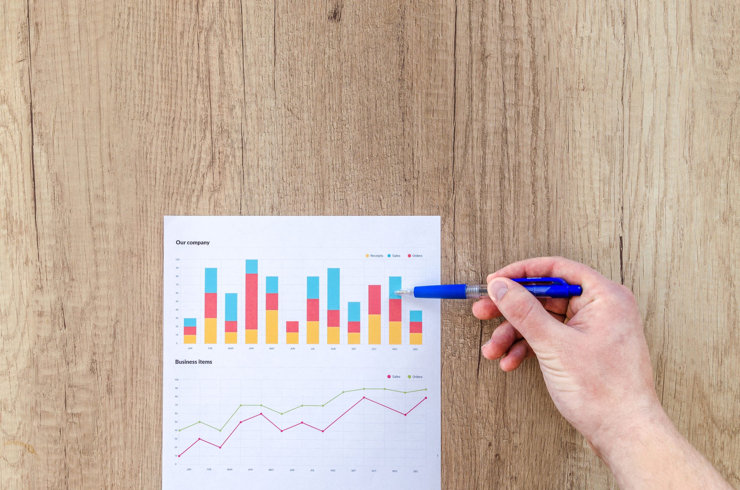 Main pointant un stylo vers des graphiques
